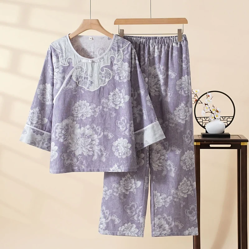 Vintage Loungewear-Set aus Baumwollgaze und Jacquard mit Pfingstrosenmuster