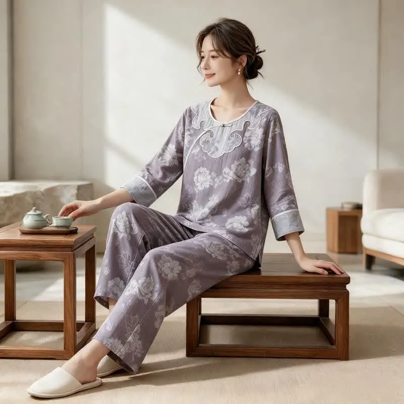 Vintage Loungewear-Set aus Baumwollgaze und Jacquard mit Pfingstrosenmuster