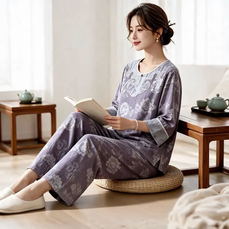Vintage Loungewear-Set aus Baumwollgaze und Jacquard mit Pfingstrosenmuster