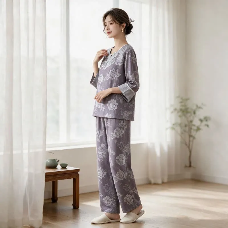 Vintage Loungewear-Set aus Baumwollgaze und Jacquard mit Pfingstrosenmuster