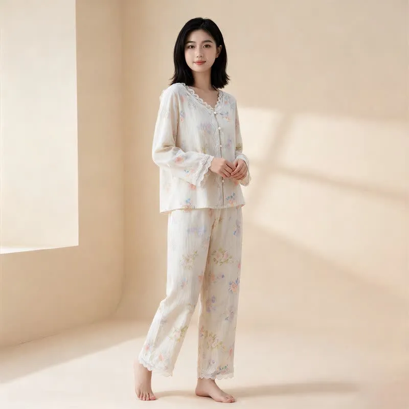 Romantisches Lounge-Set aus Baumwollgaze mit Blumenmuster