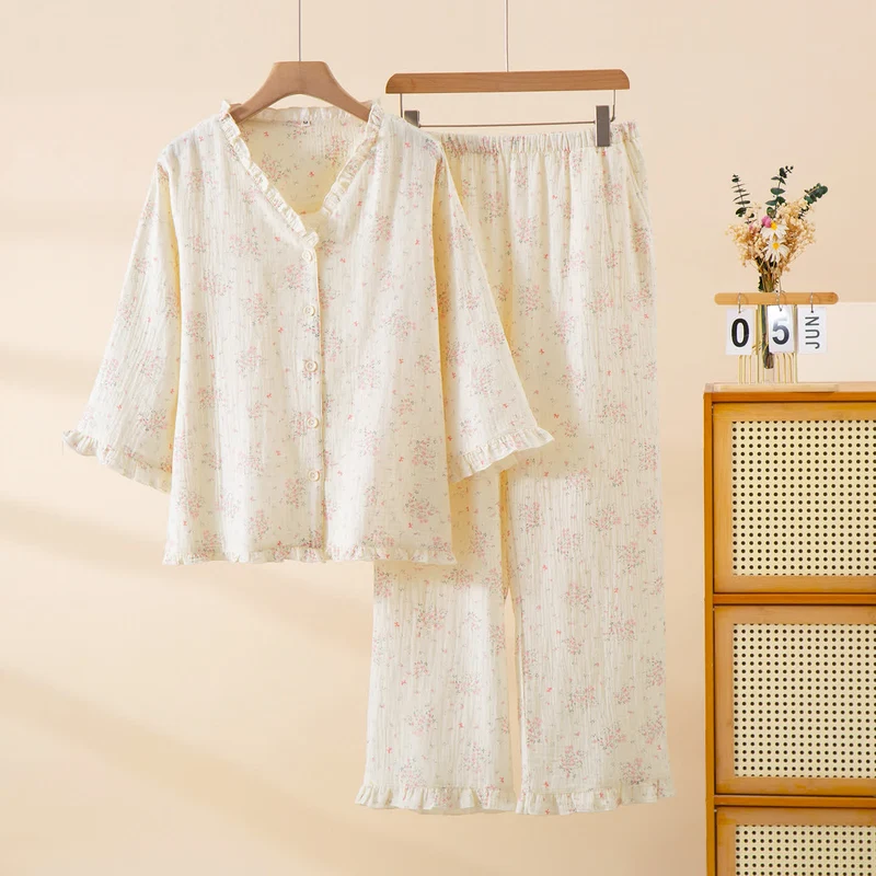 Refresh Loungewear-Set aus Baumwollgaze mit Rüschen und floralem Muster