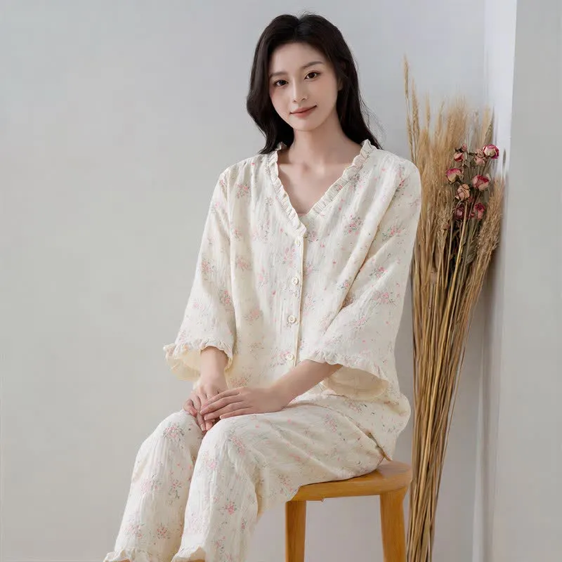 Refresh Loungewear-Set aus Baumwollgaze mit Rüschen und floralem Muster