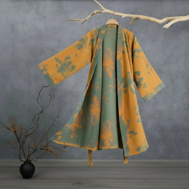 Wendbarer Kimono-Bademantel aus Baumwolle mit Vintage-Blumenmuster