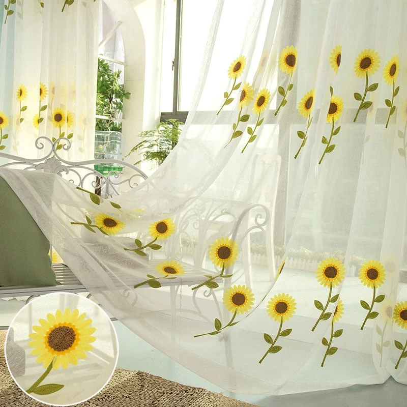 Gardine mit gestickten Sonnenblumen Küche