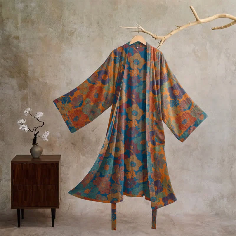 Vintage Kimono-Bademantel aus Baumwolle mit Blumenmuster