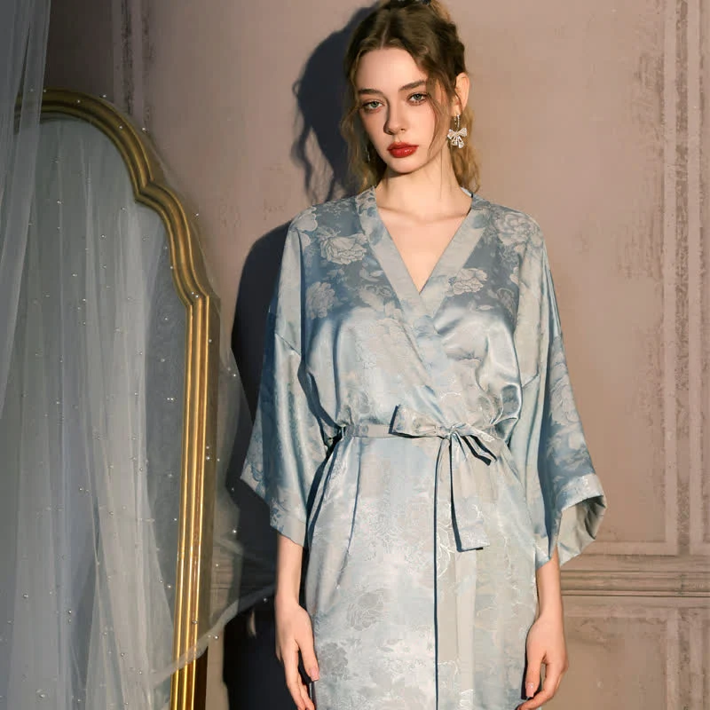 Kimono-Bademantel mit Pfingstrosenmuster und 3/4-Ärmeln