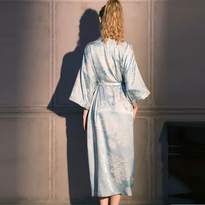 Kimono-Bademantel mit Pfingstrosenmuster und 3/4-Ärmeln