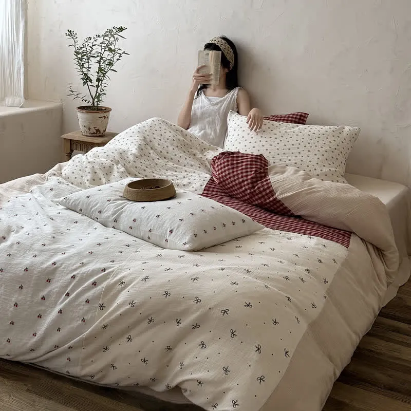 Bettwäsche-Set aus weicher, kuscheliger, weicher Baumwolle mit Kirsch-Gingham-Muster