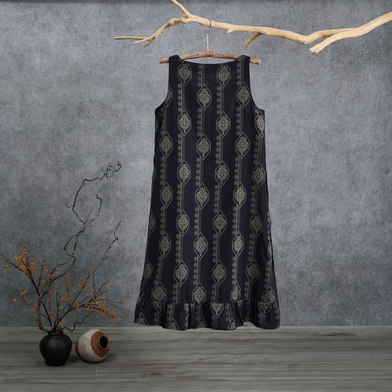 Vintage marineblaues geometrisches Baumwoll-Nachthemd