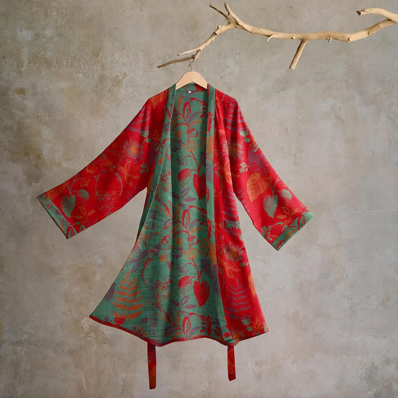 Retro-Baumwollkimono mit Blatt-Jacquardmuster