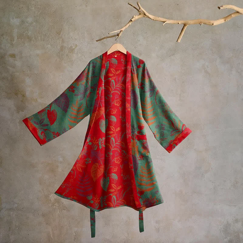 Retro-Baumwollkimono mit Blatt-Jacquardmuster
