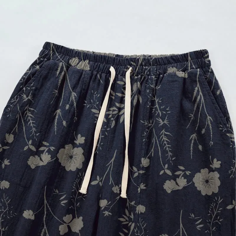 Marineblaue Loungehose aus Baumwollgewebe mit Wildblumenmuster