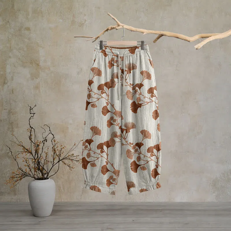 Beigefarbene Loungehose aus Baumwolle mit Rostmuster und Ginkgoblattmuster