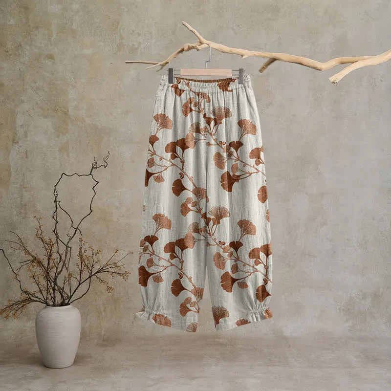 Beigefarbene Loungehose aus Baumwolle mit Rostmuster und Ginkgoblattmuster