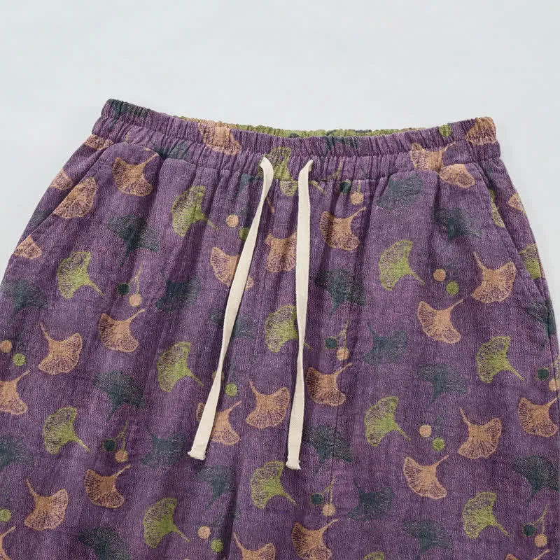 Lässige Loungehose aus Baumwolle im Retro-Stil mit Ginkgoblattmuster