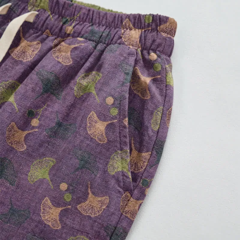 Lässige Loungehose aus Baumwolle im Retro-Stil mit Ginkgoblattmuster