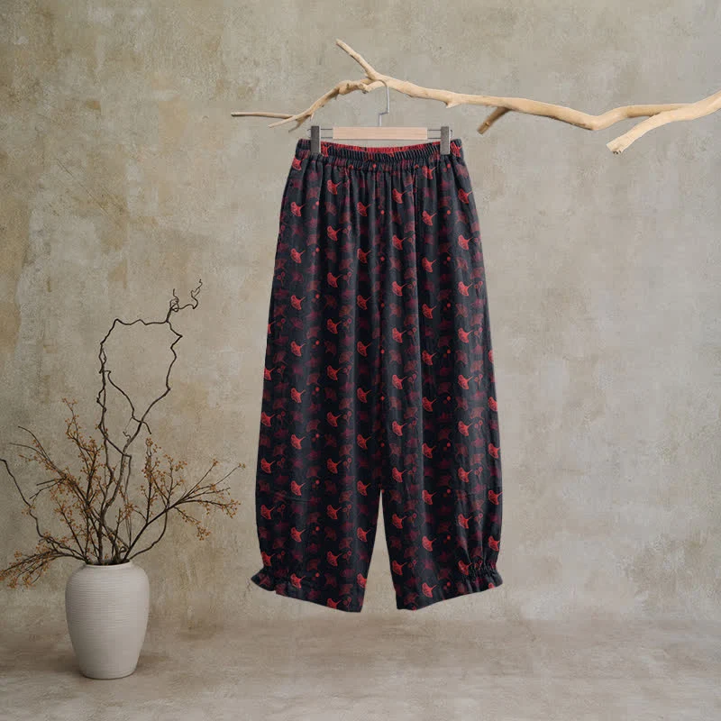 Lässige Loungehose aus Baumwolle im Retro-Stil mit Ginkgoblattmuster