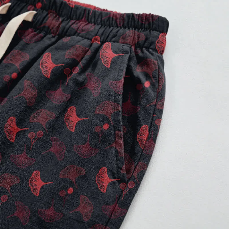 Lässige Loungehose aus Baumwolle im Retro-Stil mit Ginkgoblattmuster
