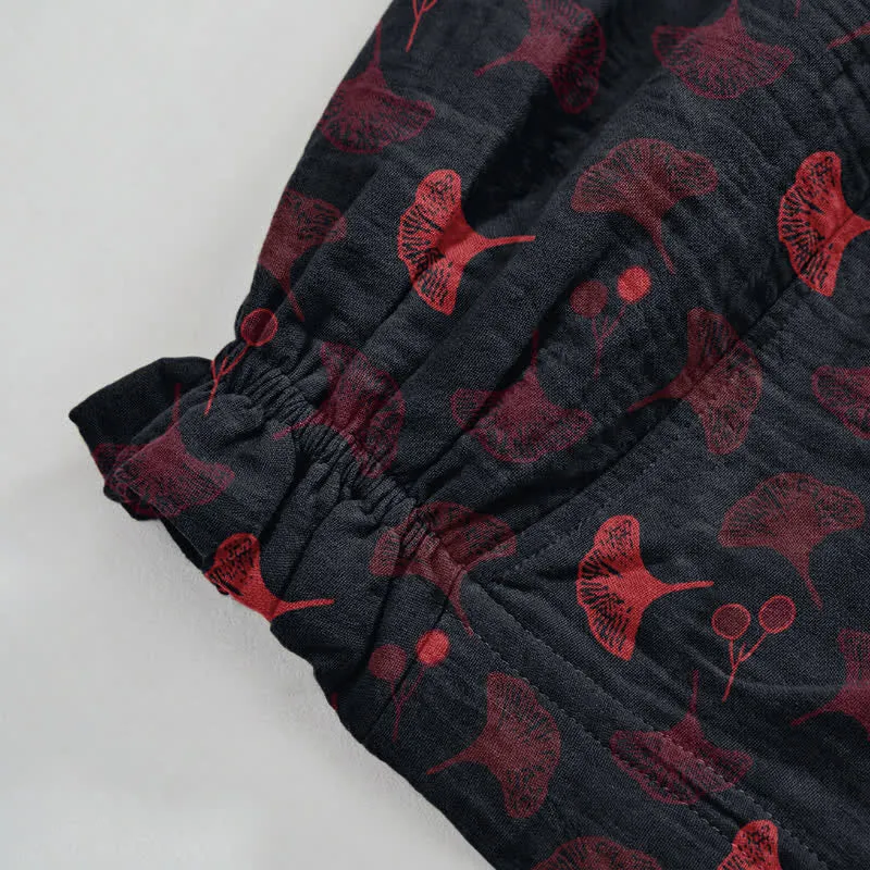 Lässige Loungehose aus Baumwolle im Retro-Stil mit Ginkgoblattmuster