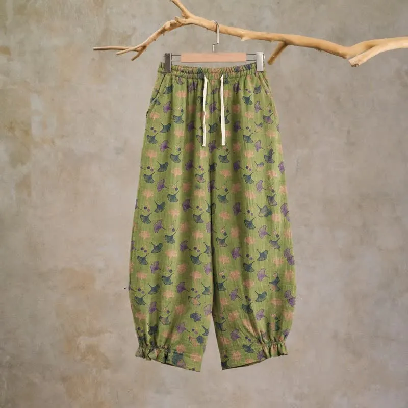 Lässige Loungehose aus Baumwolle im Retro-Stil mit Ginkgoblattmuster