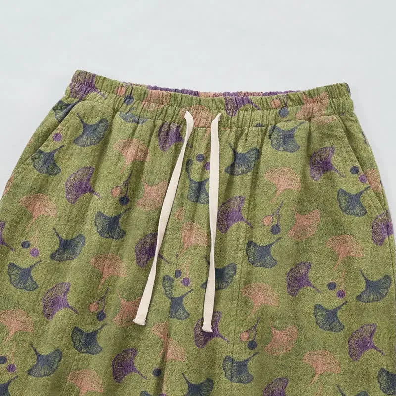 Lässige Loungehose aus Baumwolle im Retro-Stil mit Ginkgoblattmuster