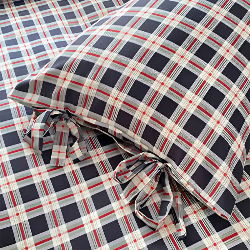 Bettwäsche-Set aus gewaschener Baumwolle, kariert in Rot und Marineblau