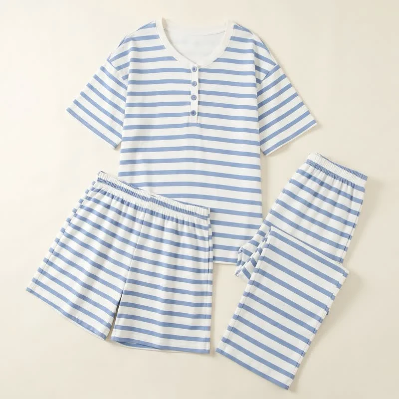3-teiliges Loungewear-Set aus Baumwolle mit blauen Streifen