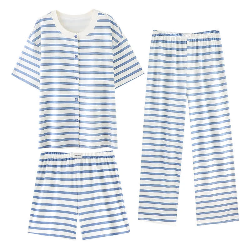 3-teiliges Loungewear-Set aus Baumwolle mit blauen Streifen
