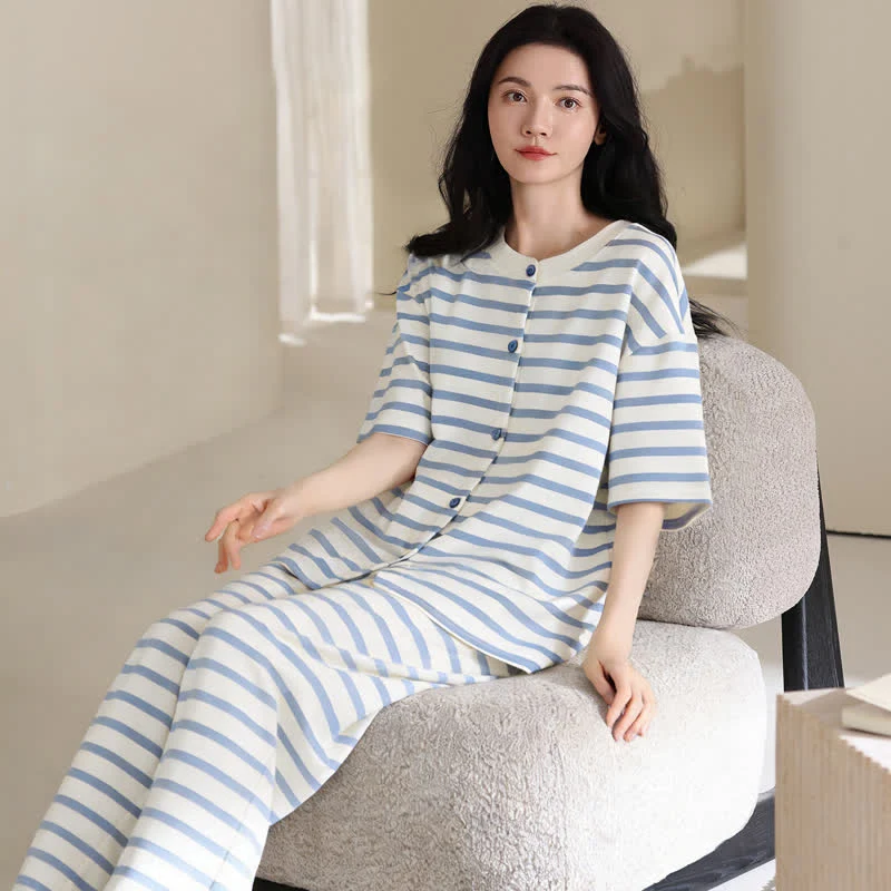3-teiliges Loungewear-Set aus Baumwolle mit blauen Streifen