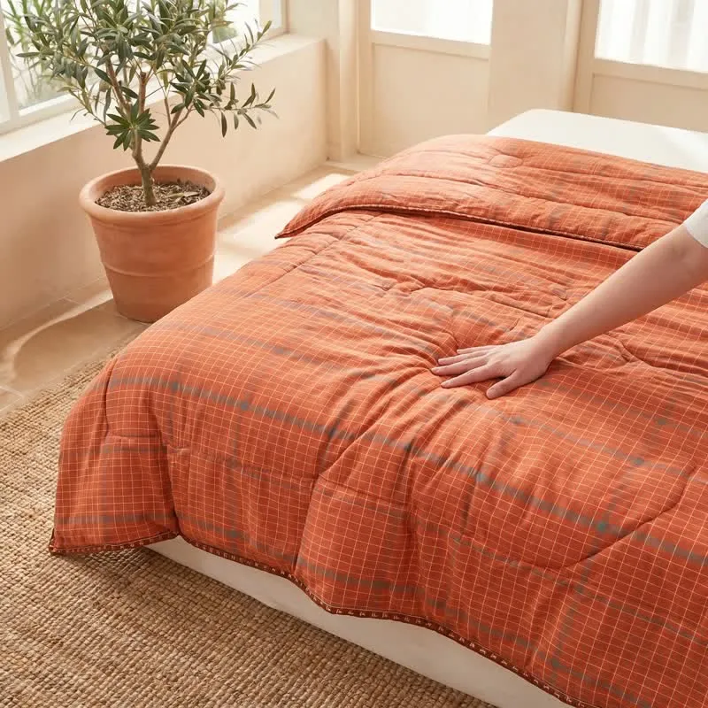 Sommerdecke aus garngefärbter, orange karierter Baumwolle