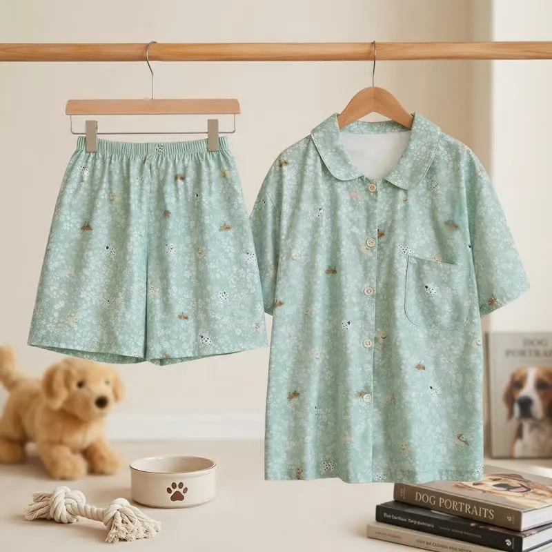 Loungewear-Set aus doppellagigem Baumwollgewebe mit Hunde-Print