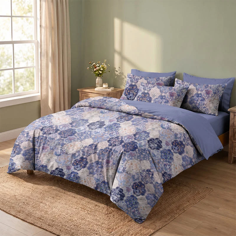 Bettwäsche-Set aus blauer Mosaik-Baumwollgaze mit Blumenmuster