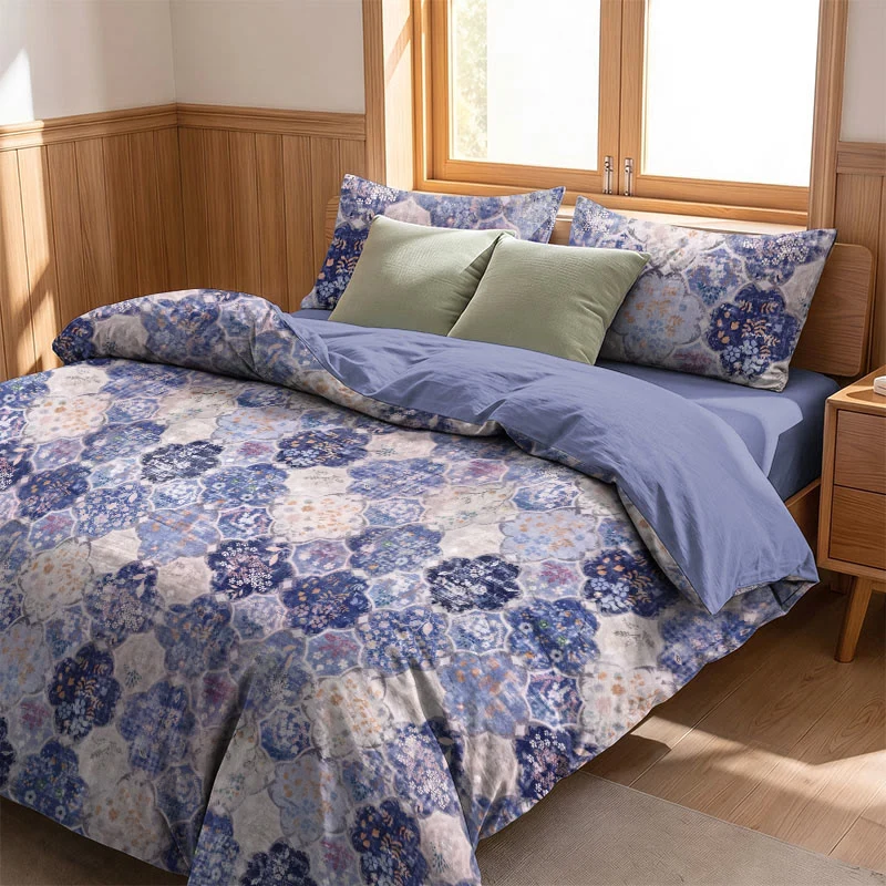 Bettwäsche-Set aus blauer Mosaik-Baumwollgaze mit Blumenmuster