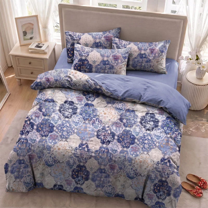 Bettwäsche-Set aus blauer Mosaik-Baumwollgaze mit Blumenmuster
