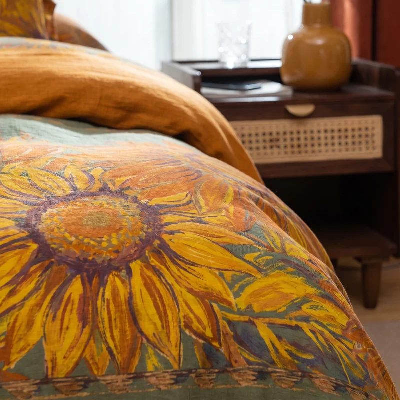 Vintage Sonnenblumen-Bettwäsche-Set aus Baumwollgaze