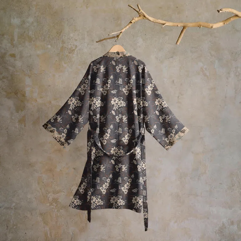 Kimono-Bademantel aus Baumwolle mit Mokka-Blumenmuster