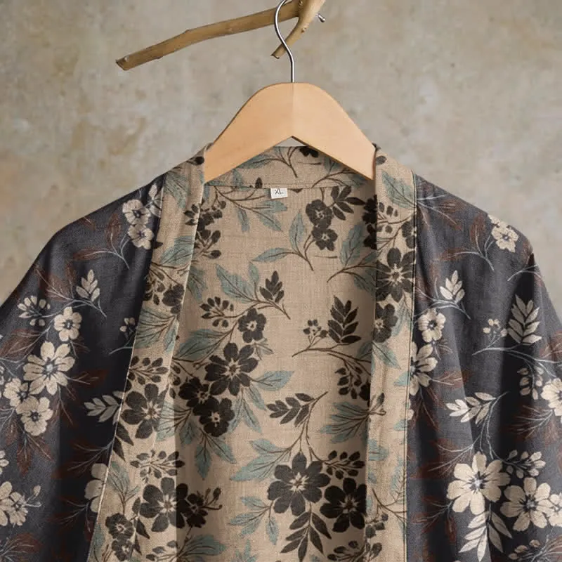 Kimono-Bademantel aus Baumwolle mit Mokka-Blumenmuster
