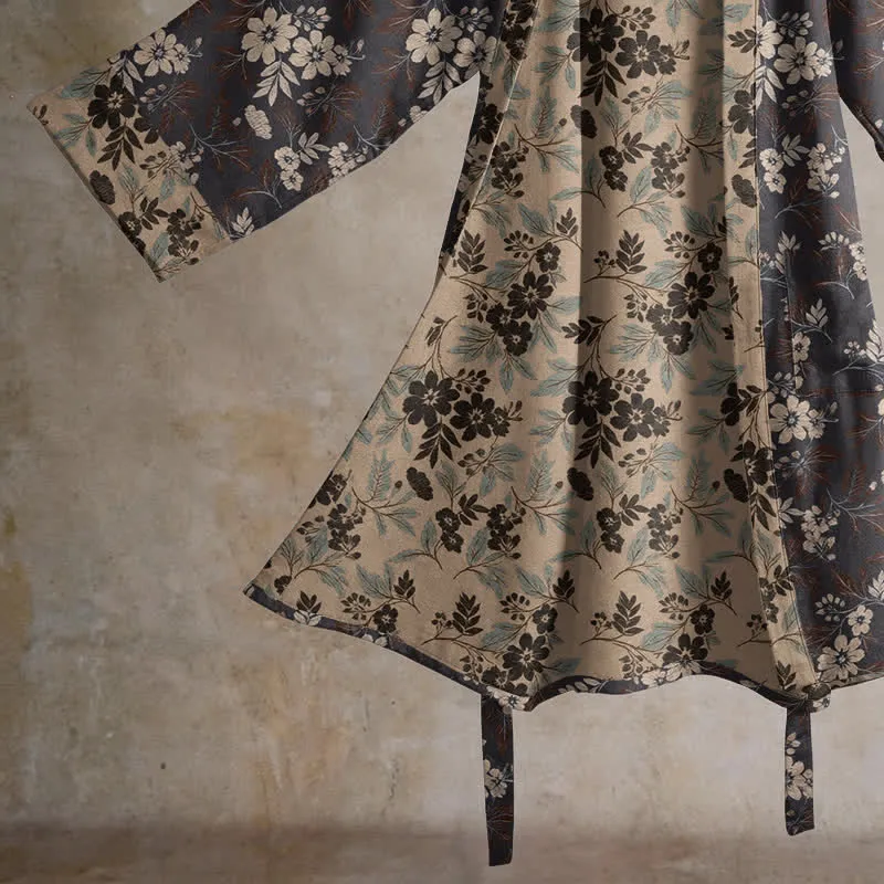 Kimono-Bademantel aus Baumwolle mit Mokka-Blumenmuster