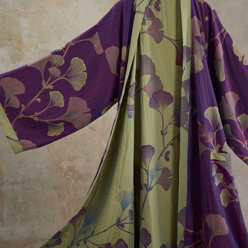Retro-Kimono aus Baumwolle mit Ginkgoblatt