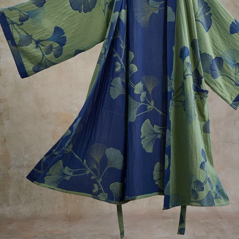 Retro-Kimono aus Baumwolle mit Ginkgoblatt
