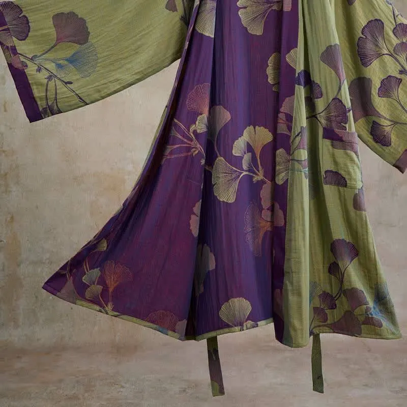 Retro-Kimono aus Baumwolle mit Ginkgoblatt