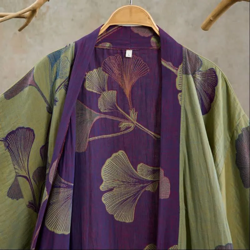 Retro-Kimono aus Baumwolle mit Ginkgoblatt