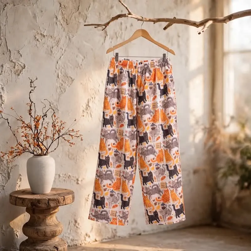 Loungewear-Hose aus Baumwolle mit orangefarbenem Cartoon-Katzenmuster