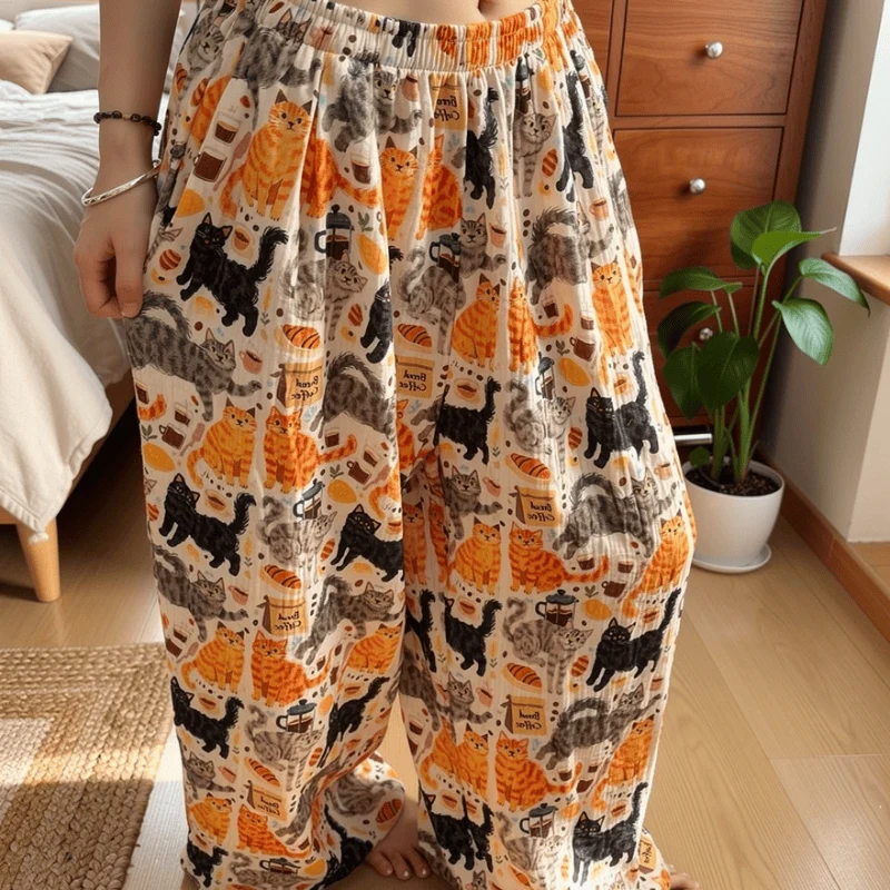 Loungewear-Hose aus Baumwolle mit orangefarbenem Cartoon-Katzenmuster