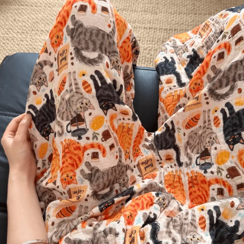 Loungewear-Hose aus Baumwolle mit orangefarbenem Cartoon-Katzenmuster
