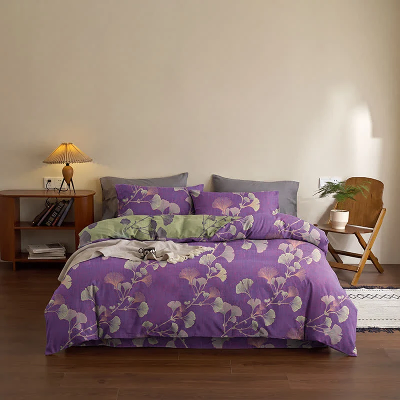 Retro-Wendebettwäsche-Set mit Ginkgoblatt-Motiv