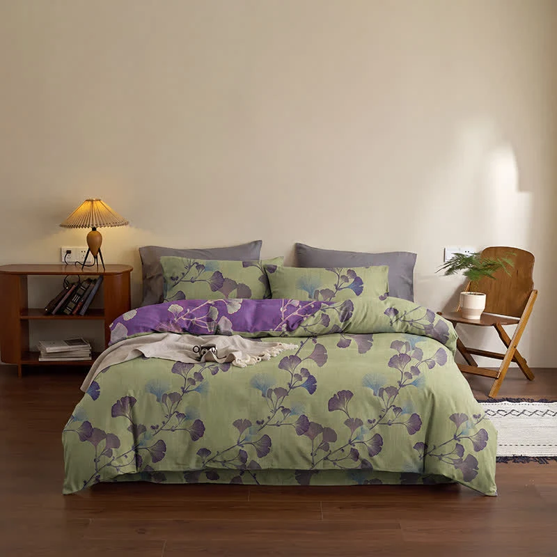 Retro-Wendebettwäsche-Set mit Ginkgoblatt-Motiv