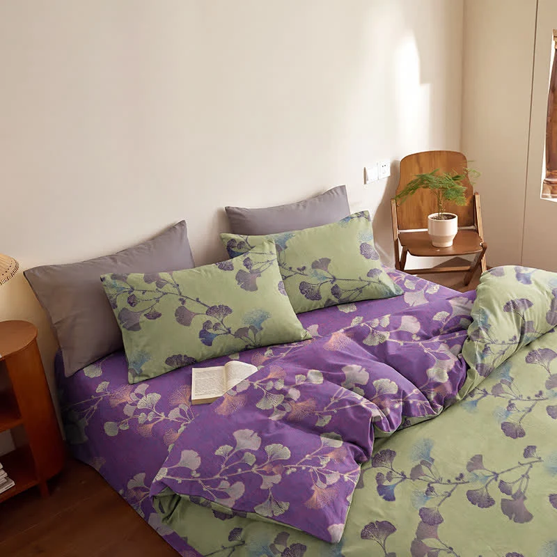 Retro-Wendebettwäsche-Set mit Ginkgoblatt-Motiv