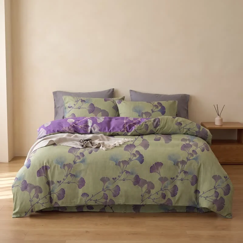 Retro-Wendebettwäsche-Set mit Ginkgoblatt-Motiv